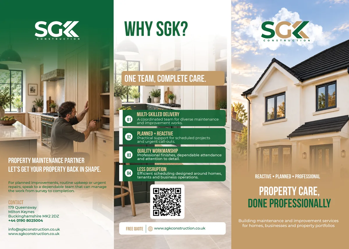 Brochure outside spread: back panel with contact details, the Why SGK? panel listing four advantages, and the front cover reading Property Care, Done Professionally.