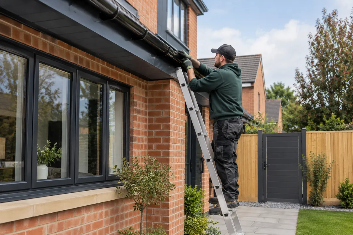Tradesperson on a ladder repairing guttering on a brick house